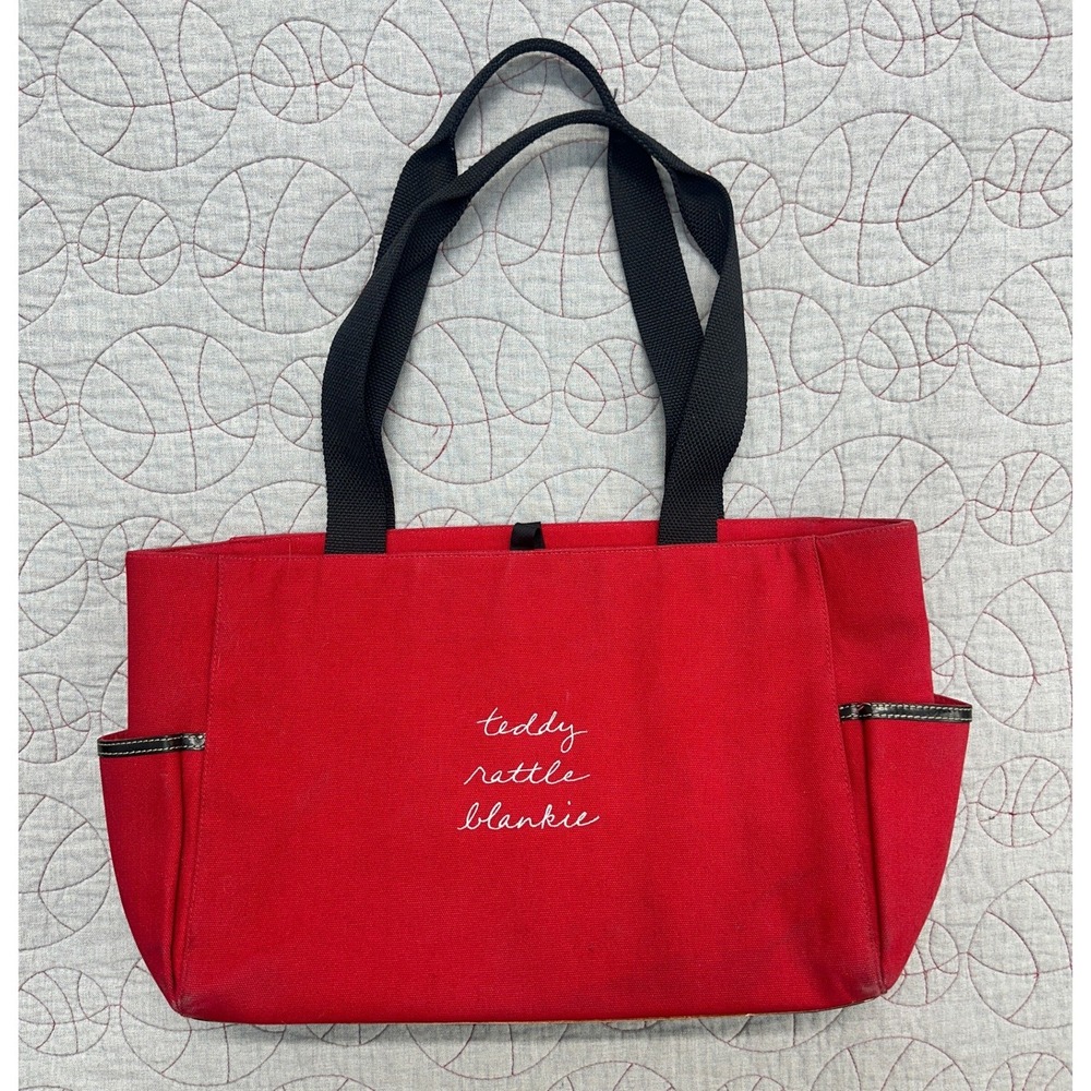Kate Spade New York Diaper Bag Red Canvas Teddy Rattle Blankie Leather Trim